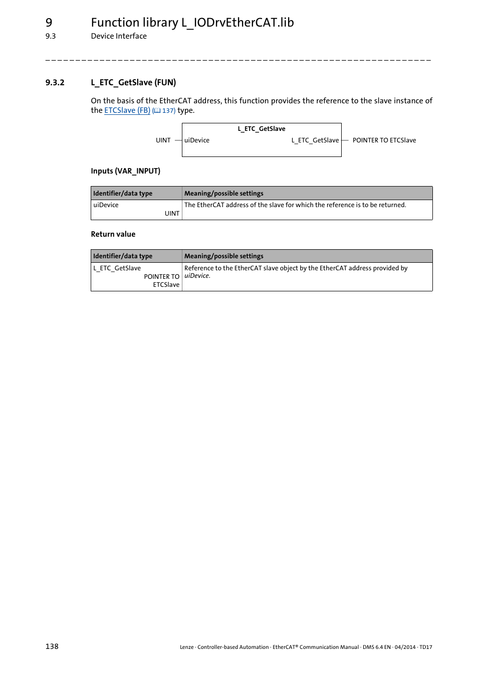 2 l_etc_getslave (fun), L_etc_getslave (fun), L_etc_getslave (fun) ( 138) | 9function library l_iodrvethercat.lib | Lenze EtherCAT Controller-based Automation User Manual | Page 138 / 205