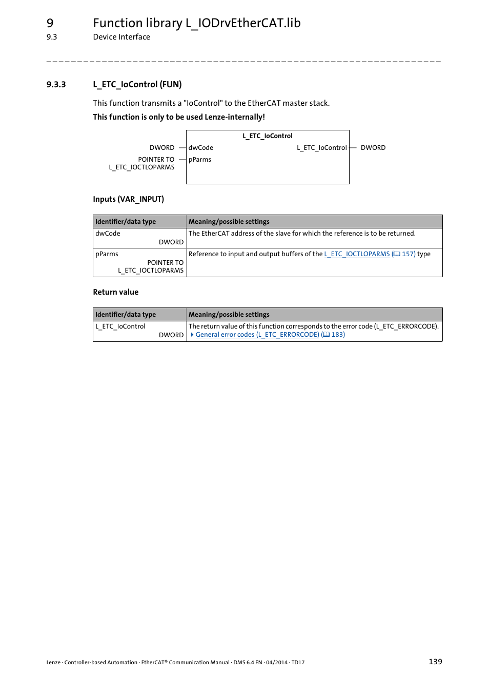 3 l_etc_iocontrol (fun), L_etc_iocontrol (fun), L_etc_iocontrol (fun) ( 139) | 9function library l_iodrvethercat.lib | Lenze EtherCAT Controller-based Automation User Manual | Page 139 / 205