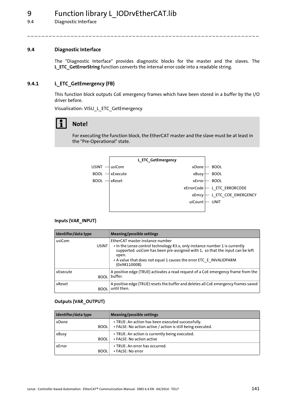 4 diagnostic interface, 1 l_etc_getemergency (fb), Diagnostic interface | L_etc_getemergency (fb), L_etc_getemergency (fb) ( 141), Based automation", release 3.4, Diagnostic interface ( 141), 9function library l_iodrvethercat.lib | Lenze EtherCAT Controller-based Automation User Manual | Page 141 / 205