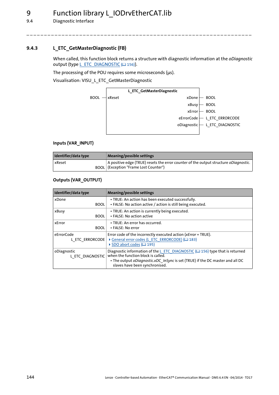 3 l_etc_getmasterdiagnostic (fb), L_etc_getmasterdiagnostic (fb), L_etc_getmasterdiagnostic (fb) ( 144) | 9function library l_iodrvethercat.lib | Lenze EtherCAT Controller-based Automation User Manual | Page 144 / 205