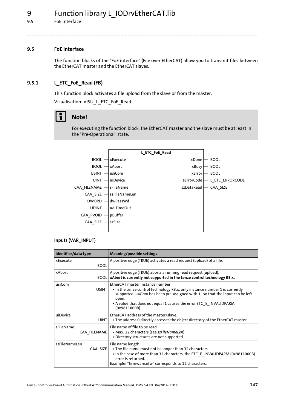 5 foe interface, 1 l_etc_foe_read (fb), Foe interface | L_etc_foe_read (fb), Foe interface ( 147), L_etc_foe_read (fb) ( 147), 9function library l_iodrvethercat.lib | Lenze EtherCAT Controller-based Automation User Manual | Page 147 / 205