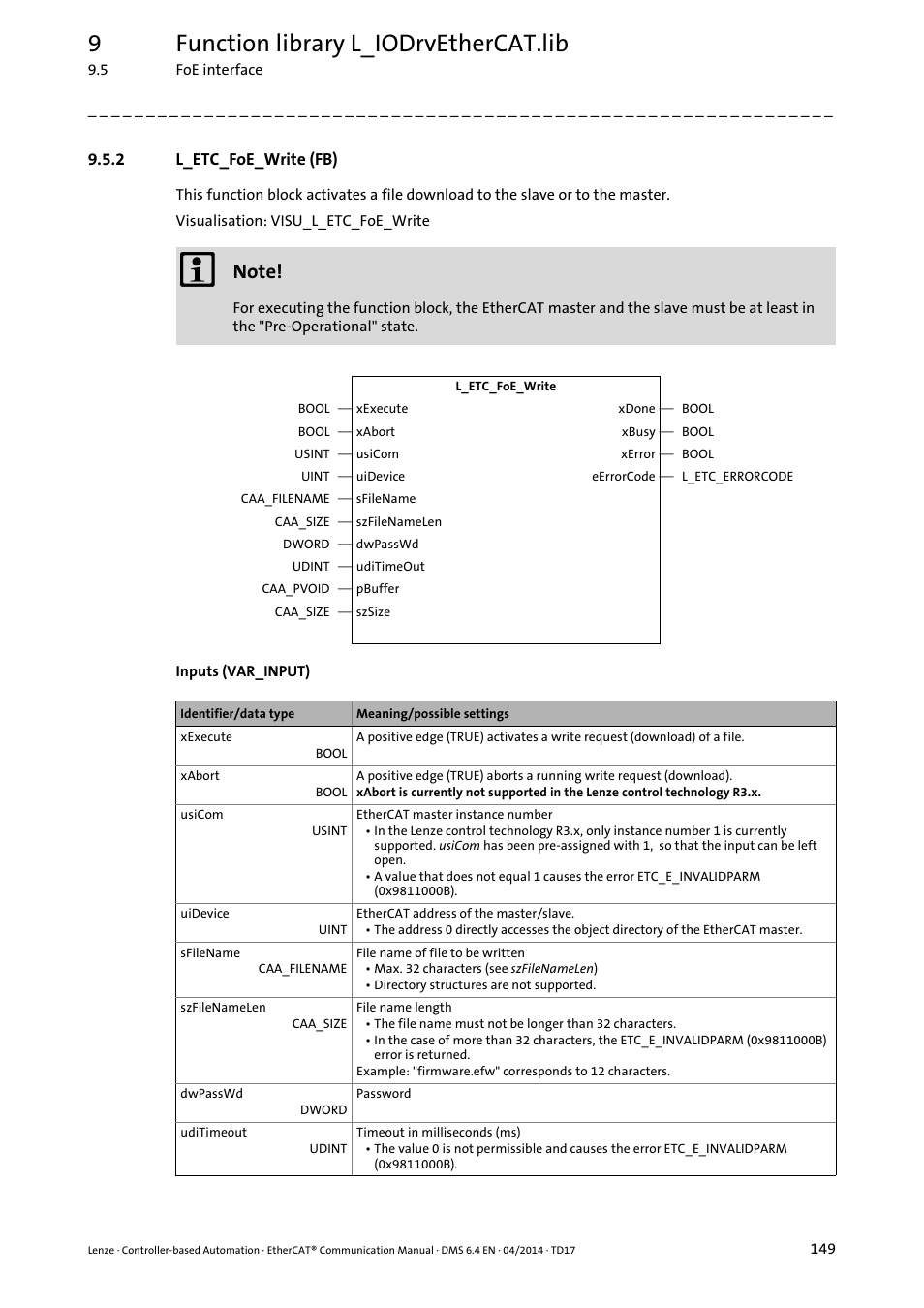 2 l_etc_foe_write (fb), L_etc_foe_write (fb), L_etc_foe_write (fb) ( 149) | 9function library l_iodrvethercat.lib | Lenze EtherCAT Controller-based Automation User Manual | Page 149 / 205