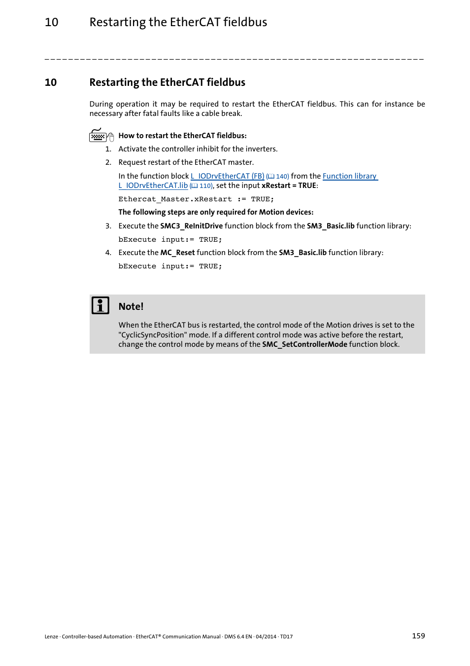 10 restarting the ethercat fieldbus, Restarting the ethercat fieldbus, Restarting the ethercat fieldbus ( 159) | Lenze EtherCAT Controller-based Automation User Manual | Page 159 / 205