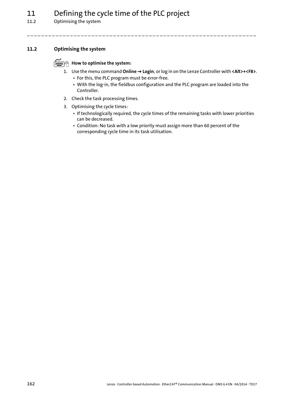 2 optimising the system, Optimising the system, 11 defining the cycle time of the plc project | Lenze EtherCAT Controller-based Automation User Manual | Page 162 / 205