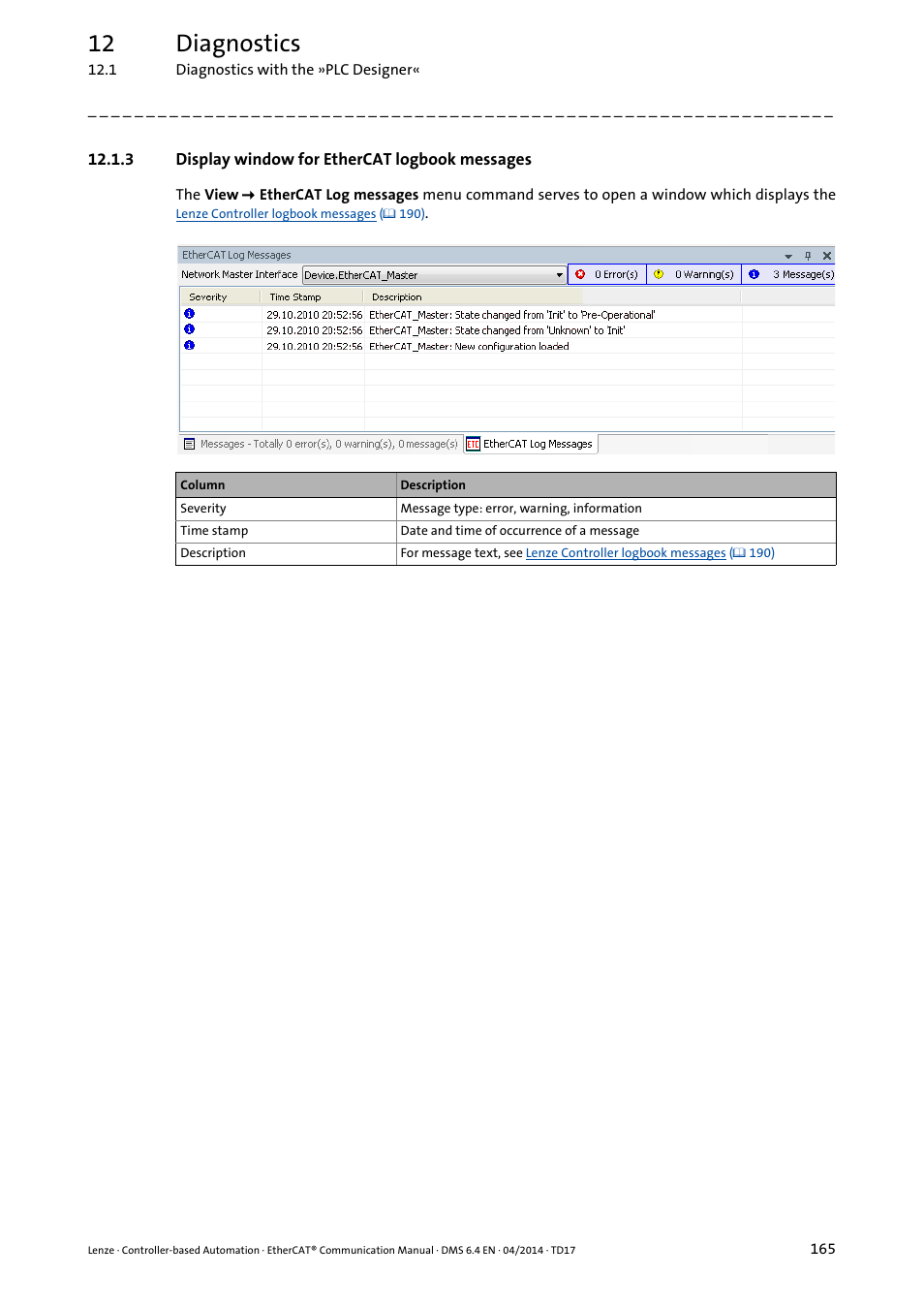 3 display window for ethercat logbook messages, 12 diagnostics | Lenze EtherCAT Controller-based Automation User Manual | Page 165 / 205