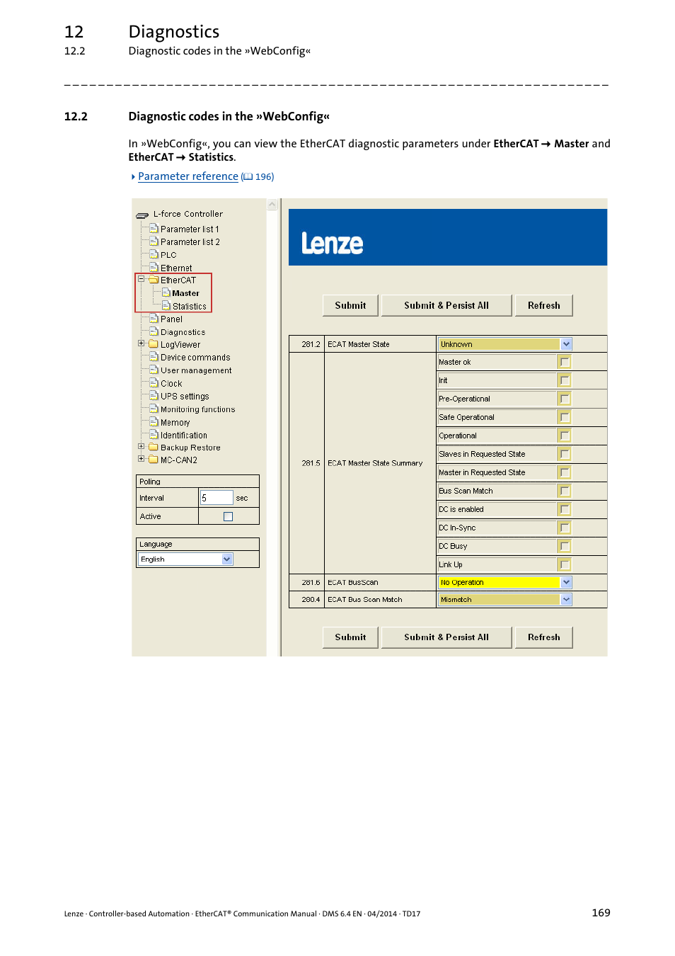 2 diagnostic codes in the »webconfig, Diagnostic codes in the »webconfig, 12 diagnostics | Lenze EtherCAT Controller-based Automation User Manual | Page 169 / 205