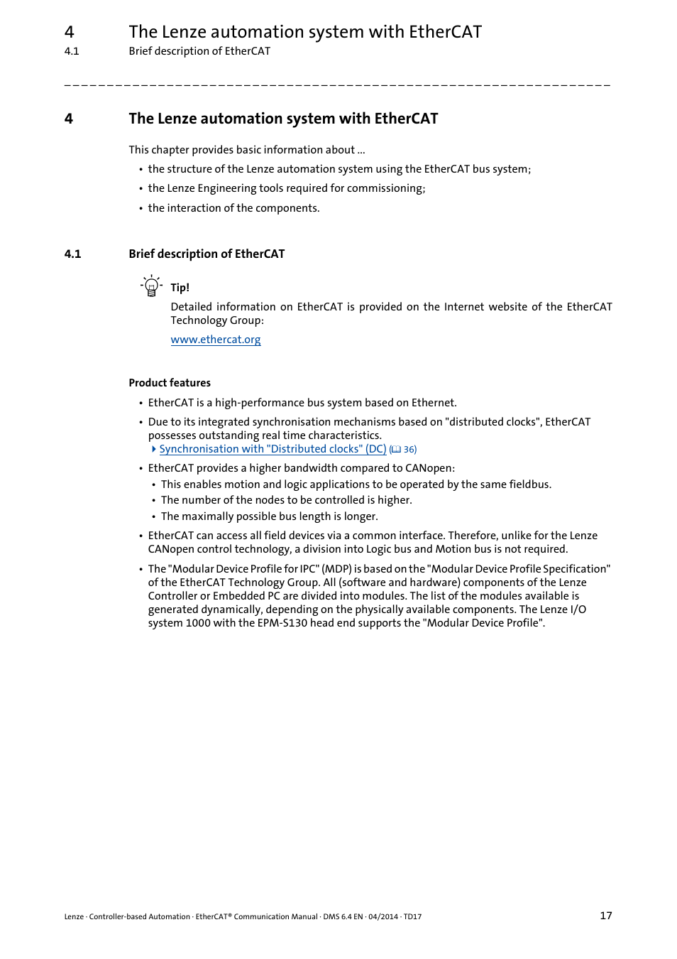 4 the lenze automation system with ethercat, 1 brief description of ethercat, The lenze automation system with ethercat | Brief description of ethercat, 4the lenze automation system with ethercat | Lenze EtherCAT Controller-based Automation User Manual | Page 17 / 205