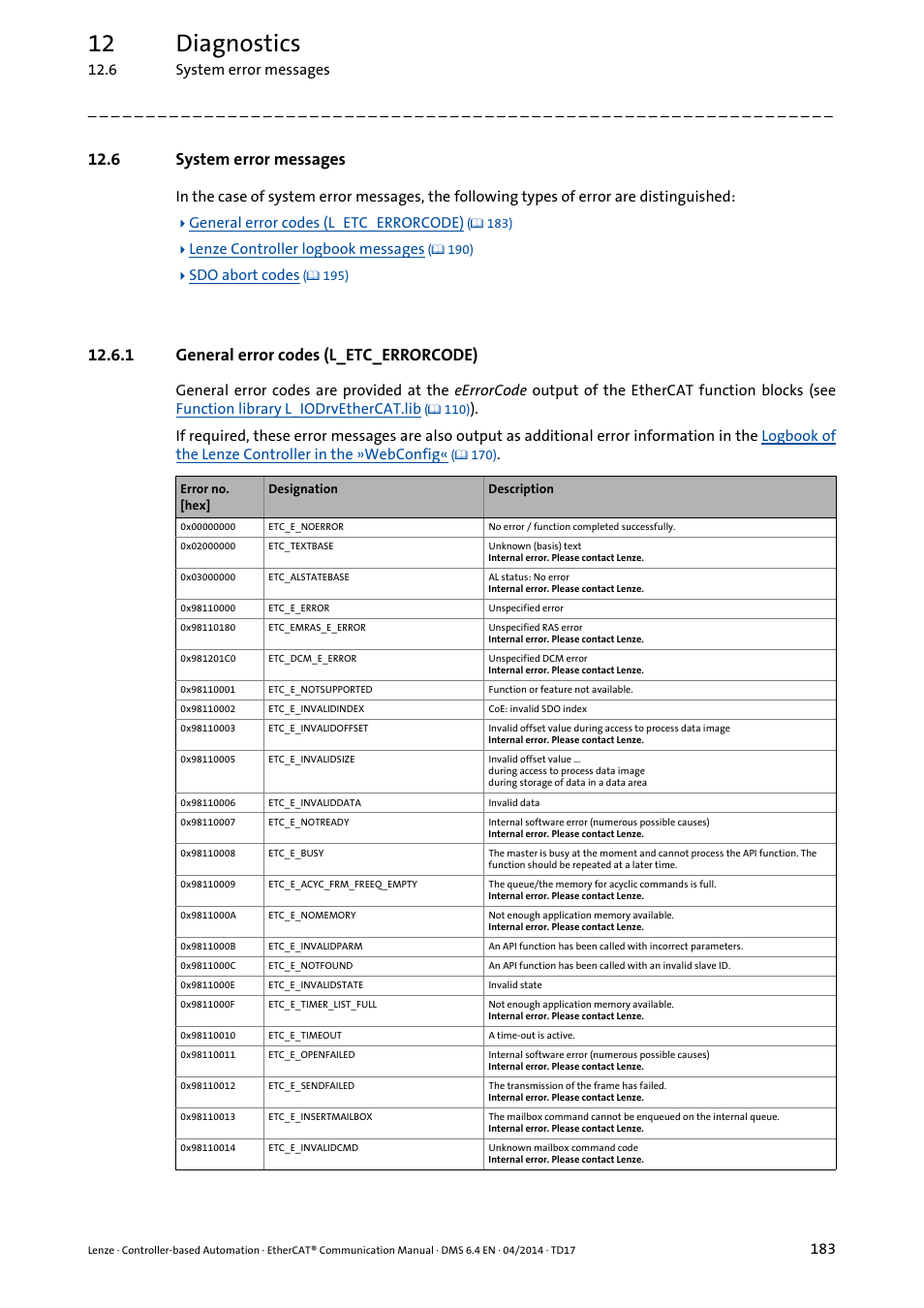 6 system error messages, 1 general error codes (l_etc_errorcode), General error codes (l_etc_errorcode) ( 183) | 12 diagnostics | Lenze EtherCAT Controller-based Automation User Manual | Page 183 / 205