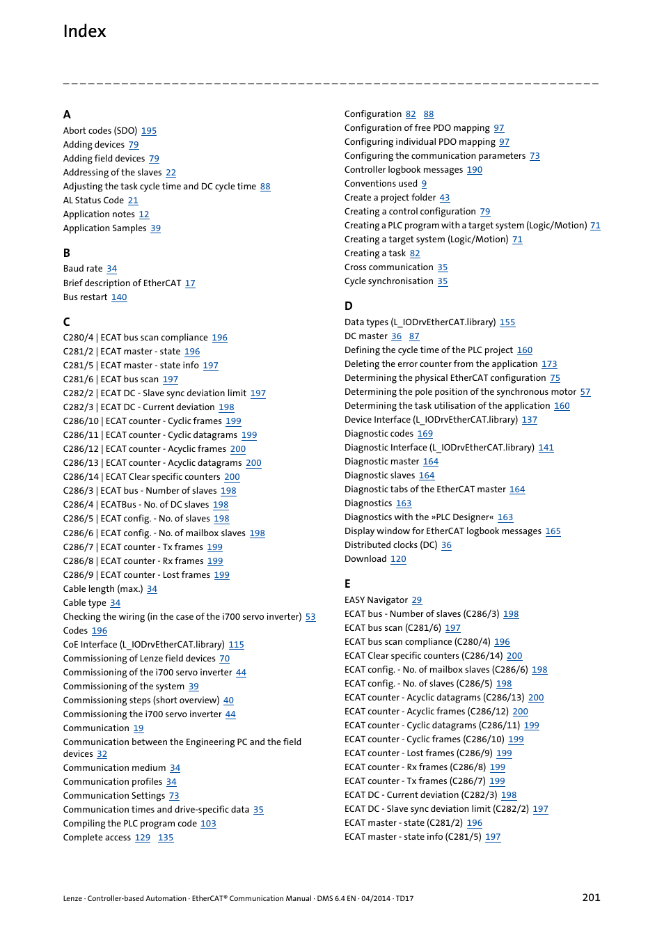 Index | Lenze EtherCAT Controller-based Automation User Manual | Page 201 / 205