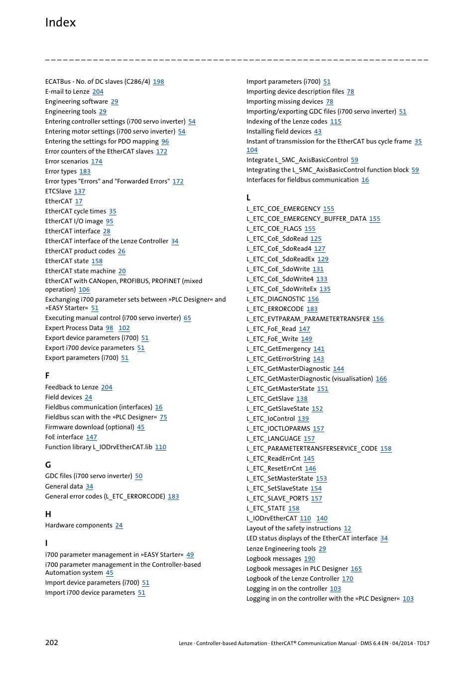 Index | Lenze EtherCAT Controller-based Automation User Manual | Page 202 / 205