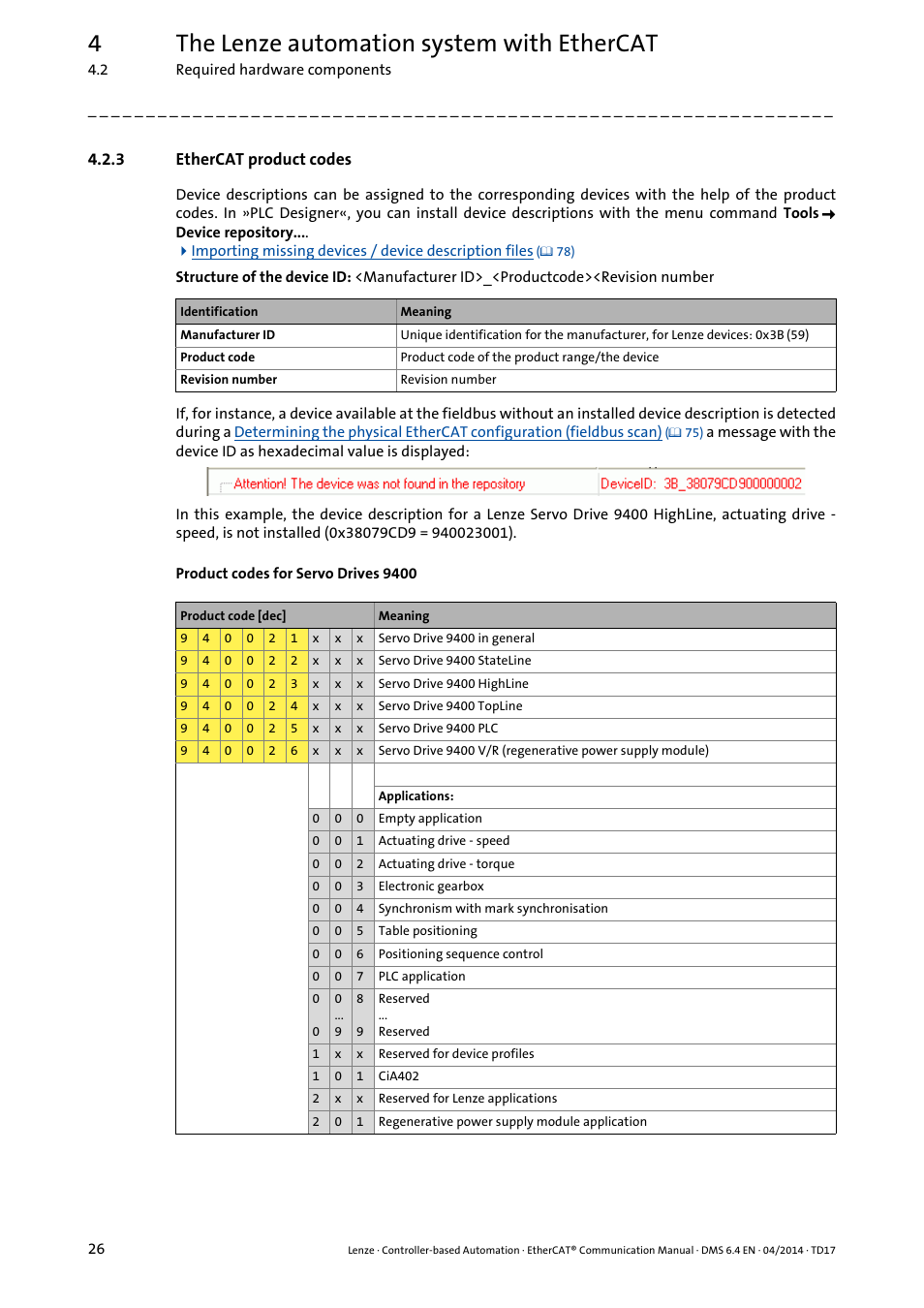 3 ethercat product codes, Ethercat product codes, 4the lenze automation system with ethercat | Lenze EtherCAT Controller-based Automation User Manual | Page 26 / 205