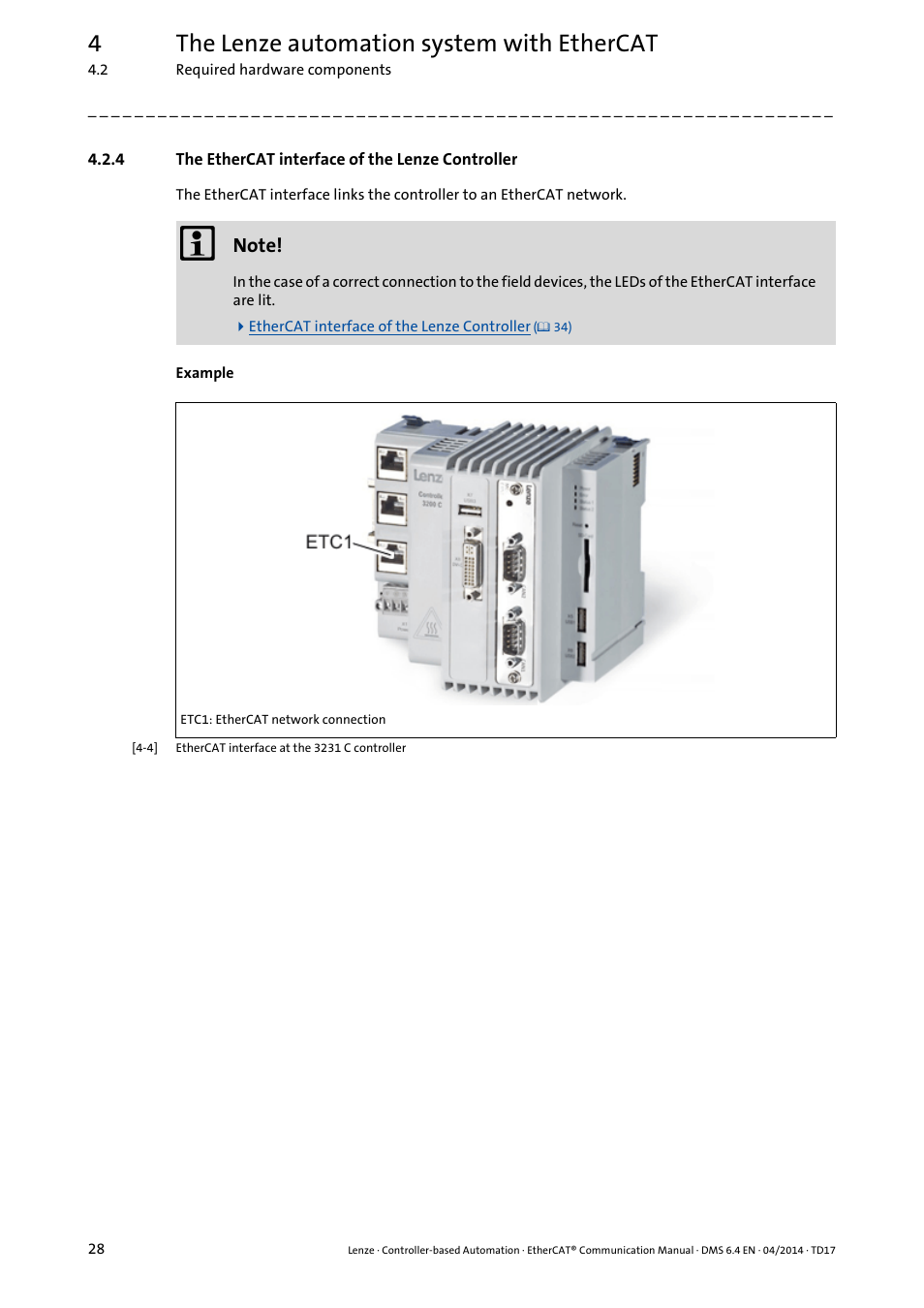 4 the ethercat interface of the lenze controller, The ethercat interface of the lenze controller, 4the lenze automation system with ethercat | Lenze EtherCAT Controller-based Automation User Manual | Page 28 / 205