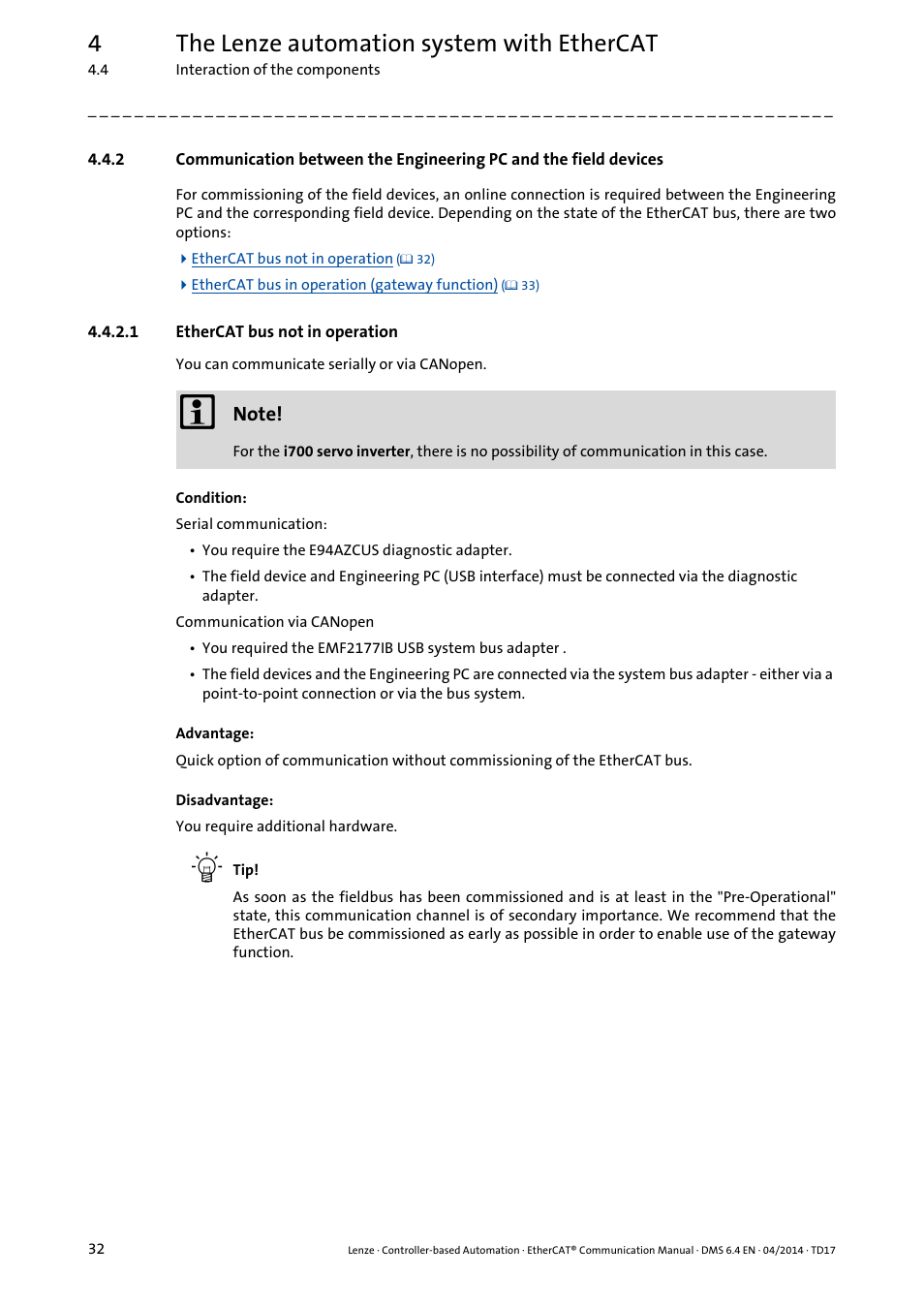 1 ethercat bus not in operation, Ethercat bus not in operation, 4the lenze automation system with ethercat | Lenze EtherCAT Controller-based Automation User Manual | Page 32 / 205