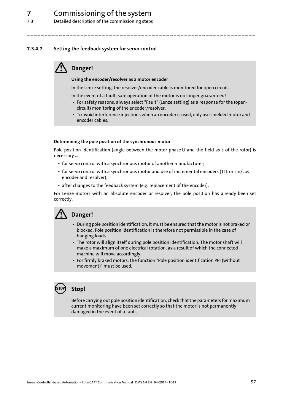 7 setting the feedback system for servo control, Setting the feedback system for servo control, 7commissioning of the system | Lenze EtherCAT Controller-based Automation User Manual | Page 57 / 205