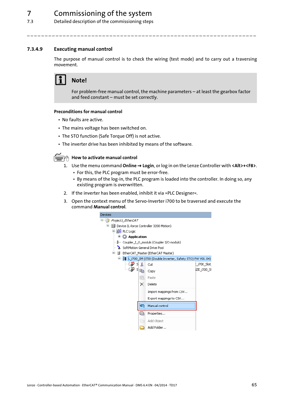 9 executing manual control, Executing manual control, Executing manual control ( 65) | 7commissioning of the system | Lenze EtherCAT Controller-based Automation User Manual | Page 65 / 205