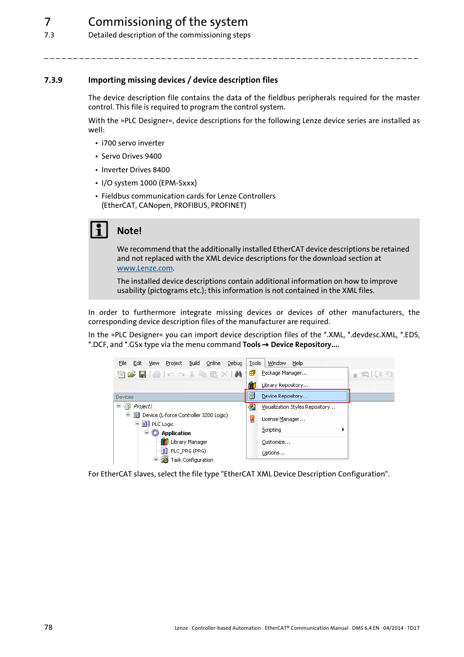 7commissioning of the system | Lenze EtherCAT Controller-based Automation User Manual | Page 78 / 205