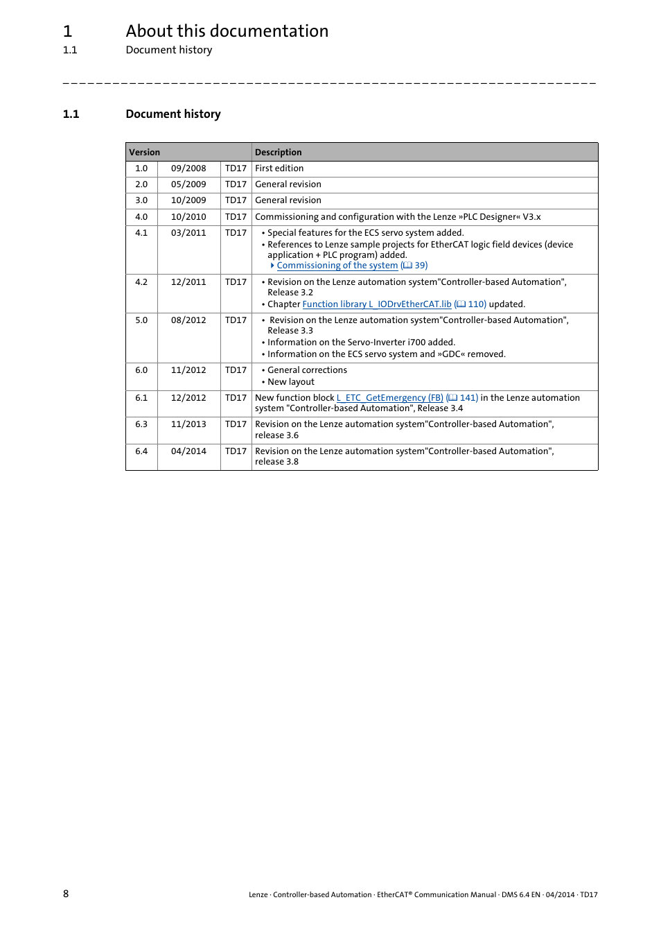 1 document history, Document history, 1about this documentation | Lenze EtherCAT Controller-based Automation User Manual | Page 8 / 205