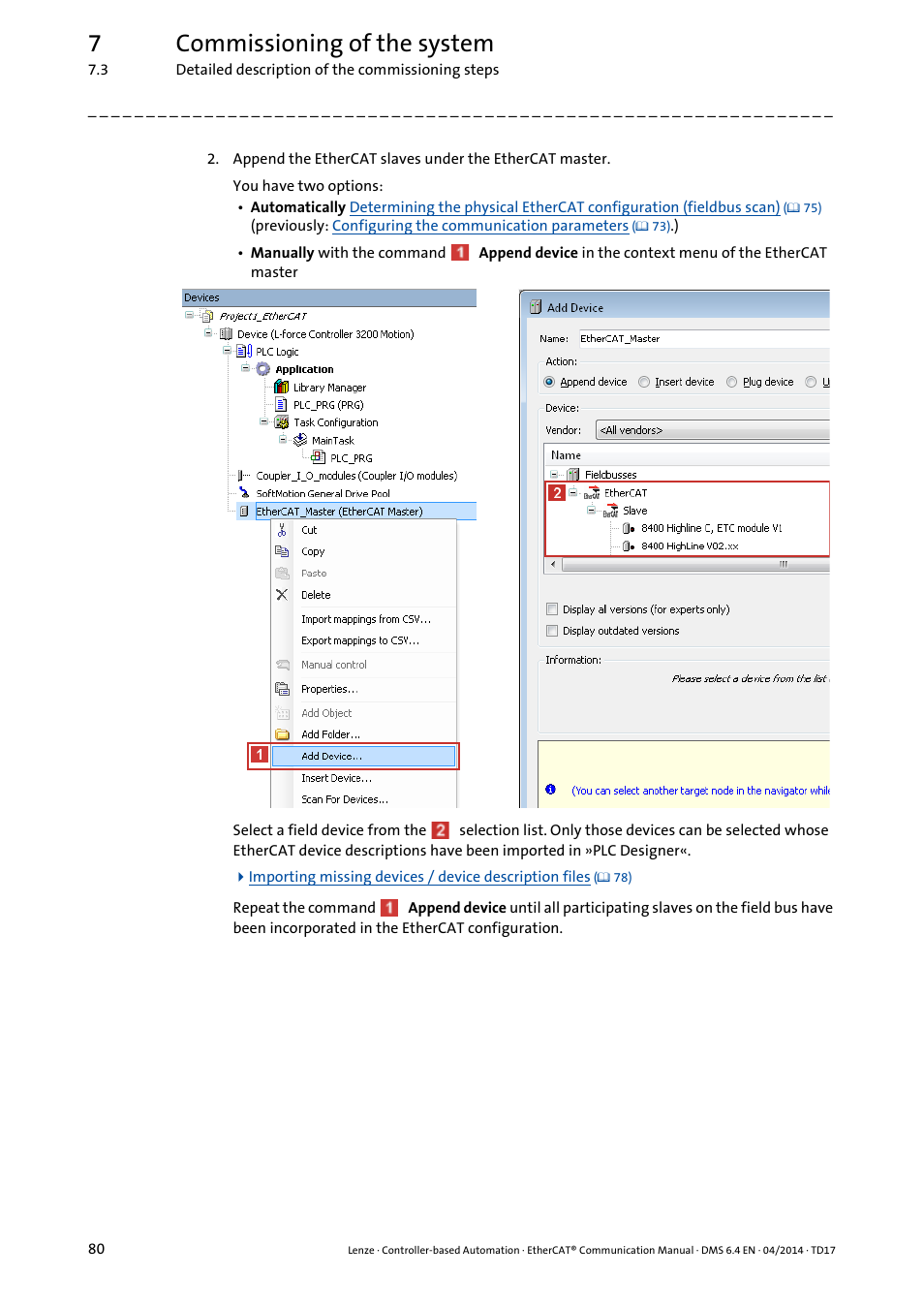 7commissioning of the system | Lenze EtherCAT Controller-based Automation User Manual | Page 80 / 205