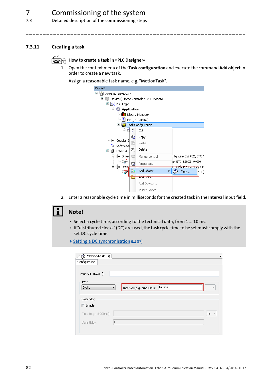 11 creating a task, Creating a task ( 82), 7commissioning of the system | Lenze EtherCAT Controller-based Automation User Manual | Page 82 / 205
