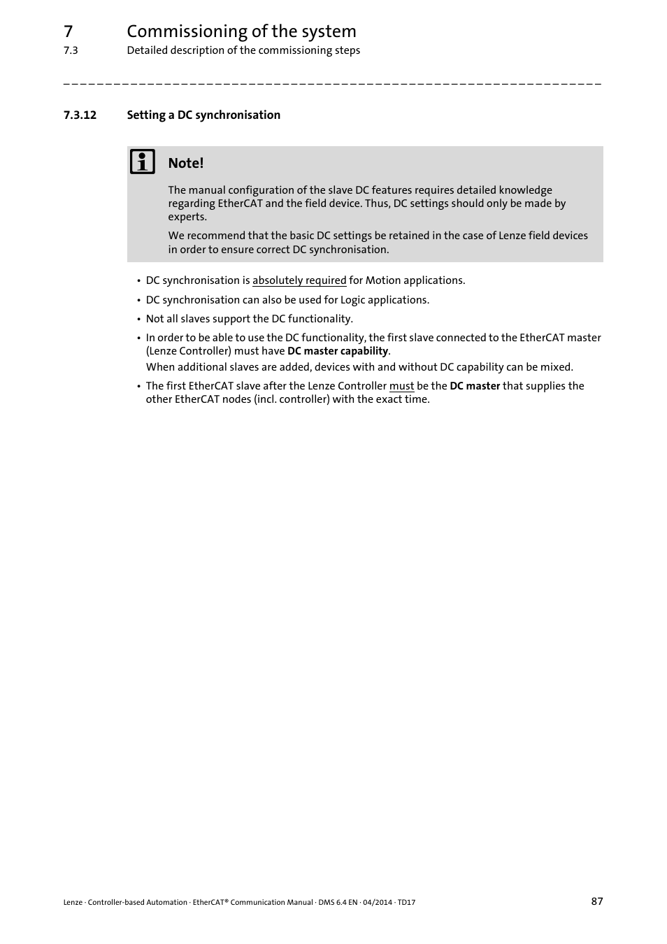 12 setting a dc synchronisation, Setting a dc synchronisation, Setting a dc synchronisation ( 87) | 7commissioning of the system | Lenze EtherCAT Controller-based Automation User Manual | Page 87 / 205