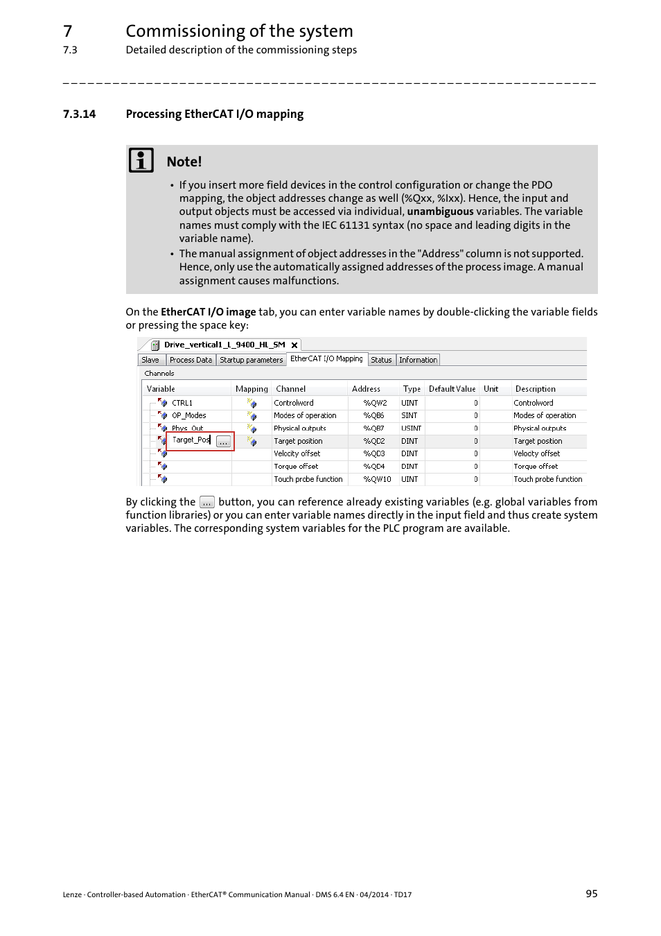 14 processing ethercat i/o mapping, Processing ethercat i/o mapping ( 95), 7commissioning of the system | Lenze EtherCAT Controller-based Automation User Manual | Page 95 / 205