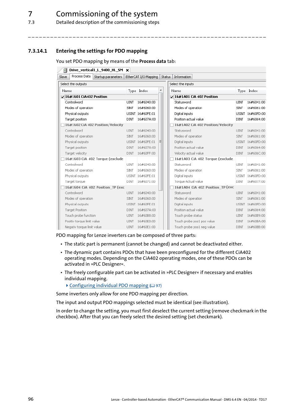1 entering the settings for pdo mapping, Entering the settings for pdo mapping, 7commissioning of the system | Lenze EtherCAT Controller-based Automation User Manual | Page 96 / 205