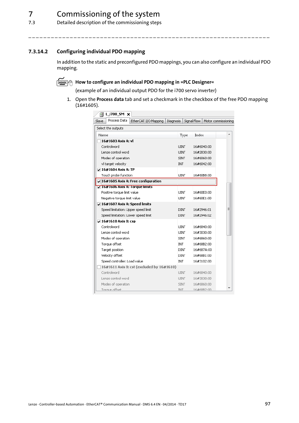 2 configuring individual pdo mapping, Configuring individual pdo mapping, 7commissioning of the system | Lenze EtherCAT Controller-based Automation User Manual | Page 97 / 205