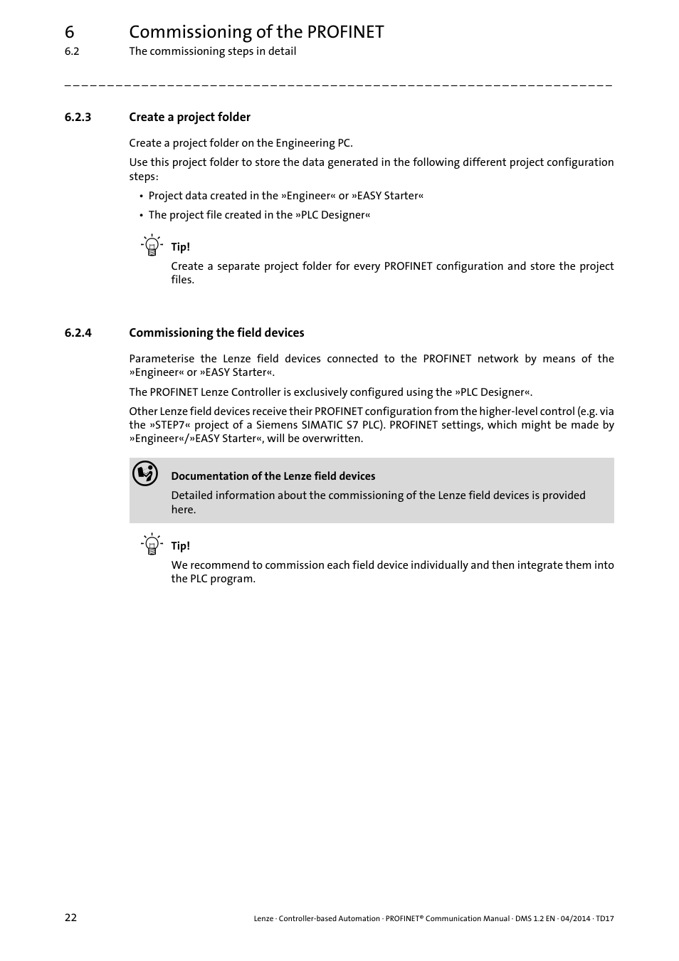 3 create a project folder, 4 commissioning the field devices, Create a project folder | Commissioning the field devices, Commissioning the field devices ( 22), 6commissioning of the profinet | Lenze PROFINET Controller-based Automation User Manual | Page 22 / 44