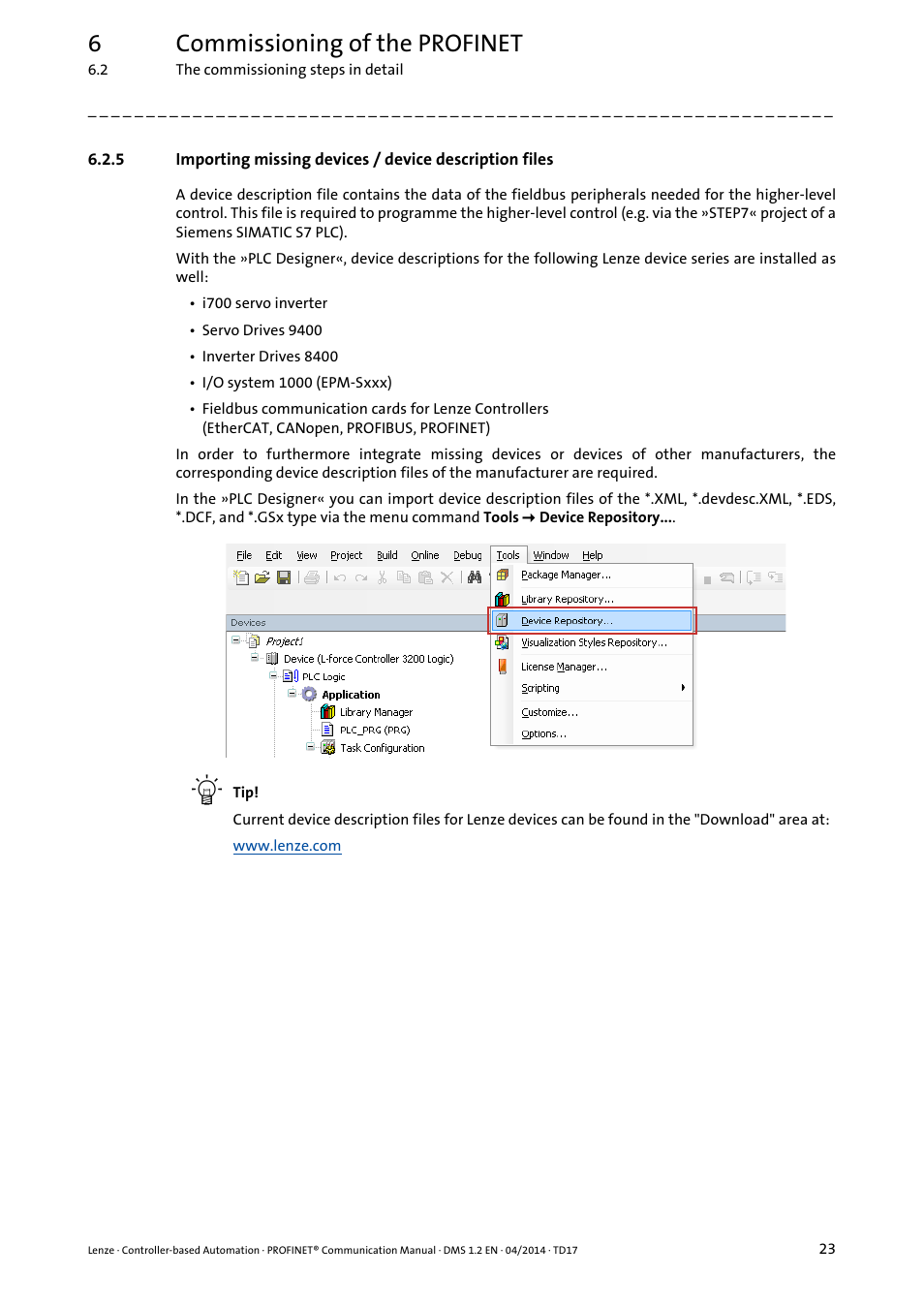 6commissioning of the profinet | Lenze PROFINET Controller-based Automation User Manual | Page 23 / 44