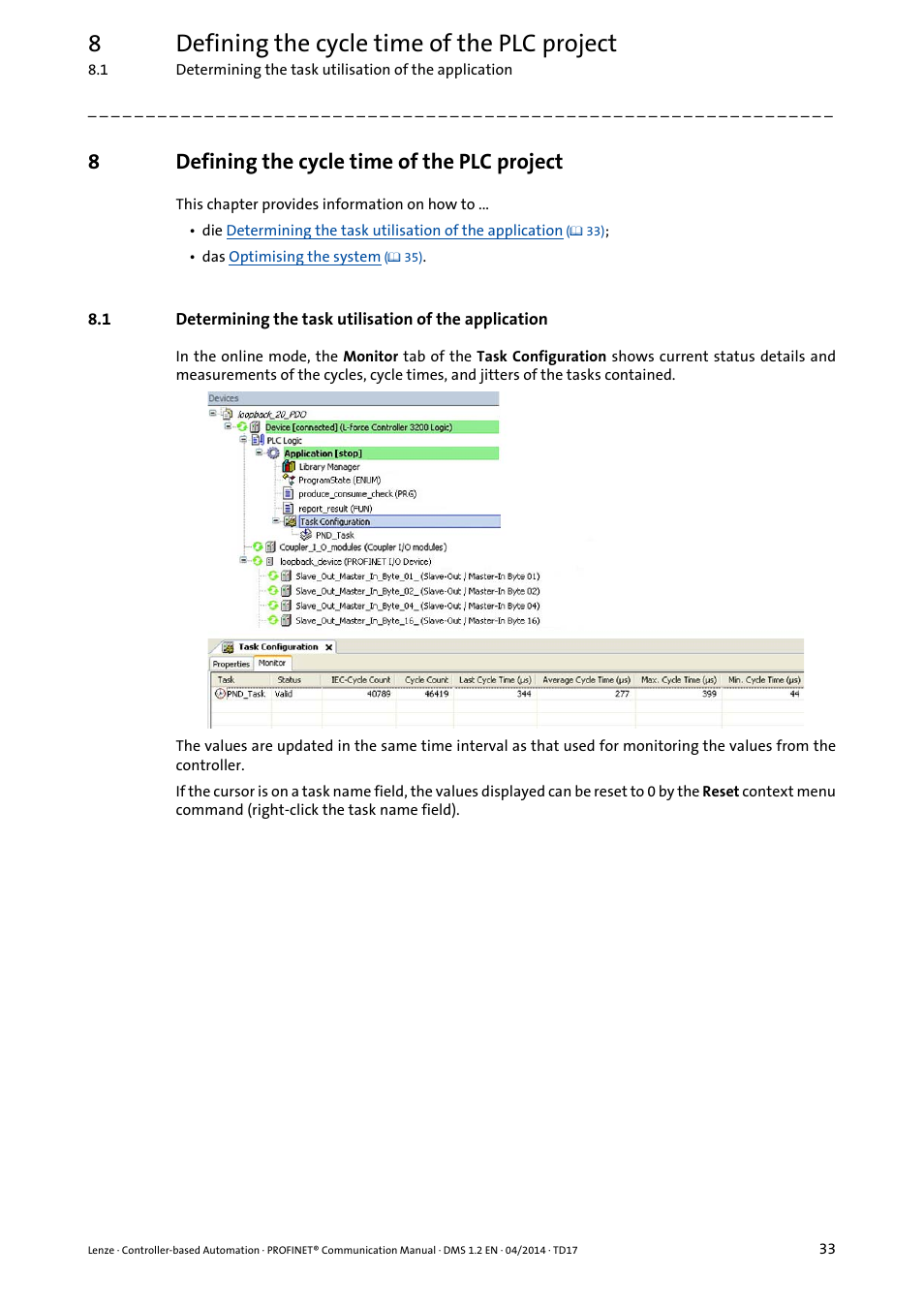 8 defining the cycle time of the plc project, Defining the cycle time of the plc project, 8defining the cycle time of the plc project | Lenze PROFINET Controller-based Automation User Manual | Page 33 / 44