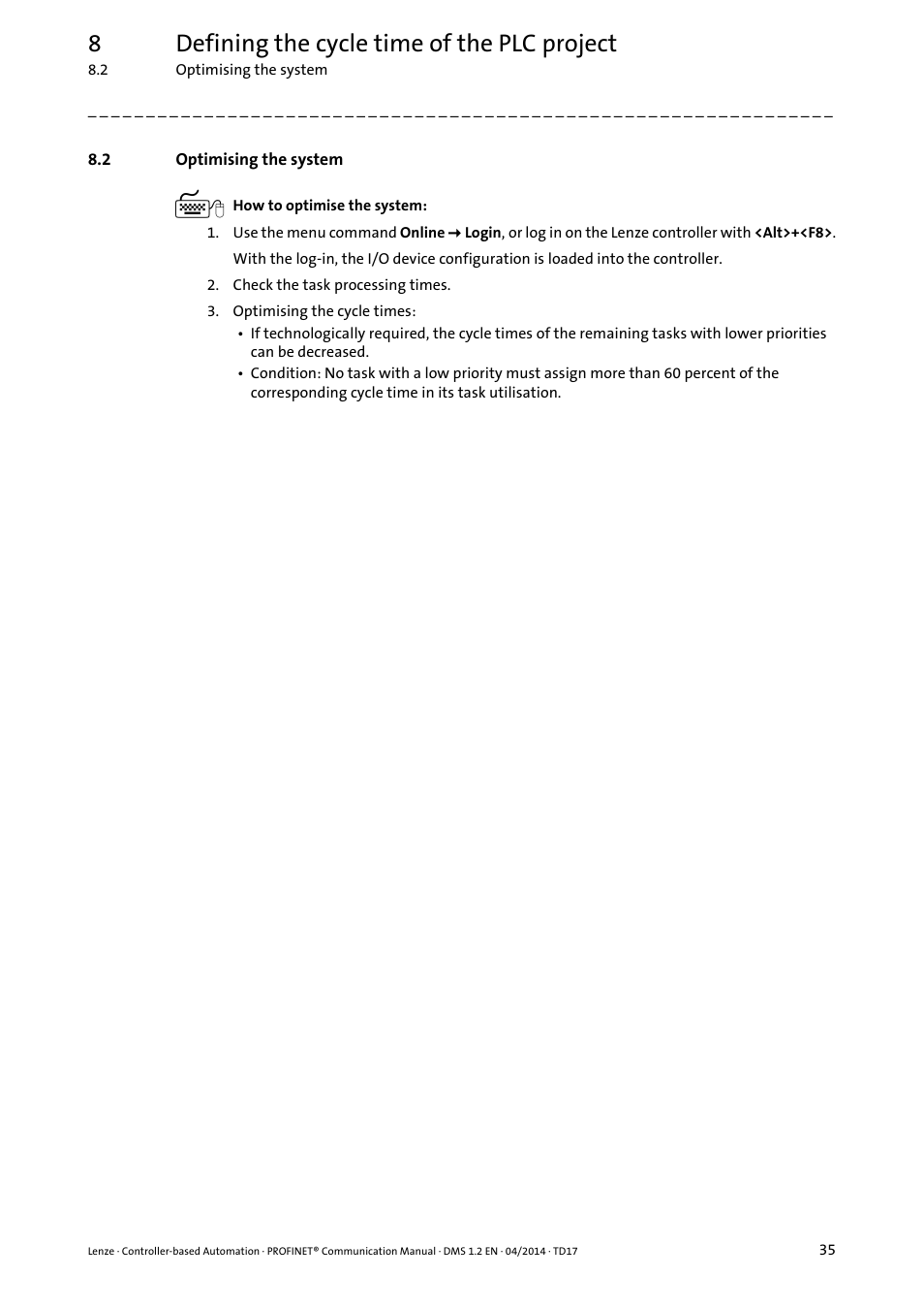 2 optimising the system, Optimising the system, 8defining the cycle time of the plc project | Lenze PROFINET Controller-based Automation User Manual | Page 35 / 44