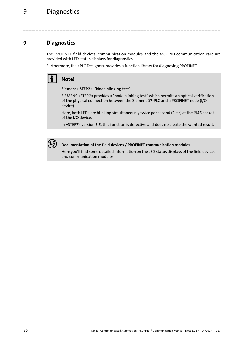 9 diagnostics, Diagnostics, 9diagnostics | Lenze PROFINET Controller-based Automation User Manual | Page 36 / 44