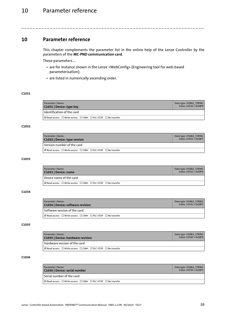 10 parameter reference, Parameter reference | Lenze PROFINET Controller-based Automation User Manual | Page 39 / 44