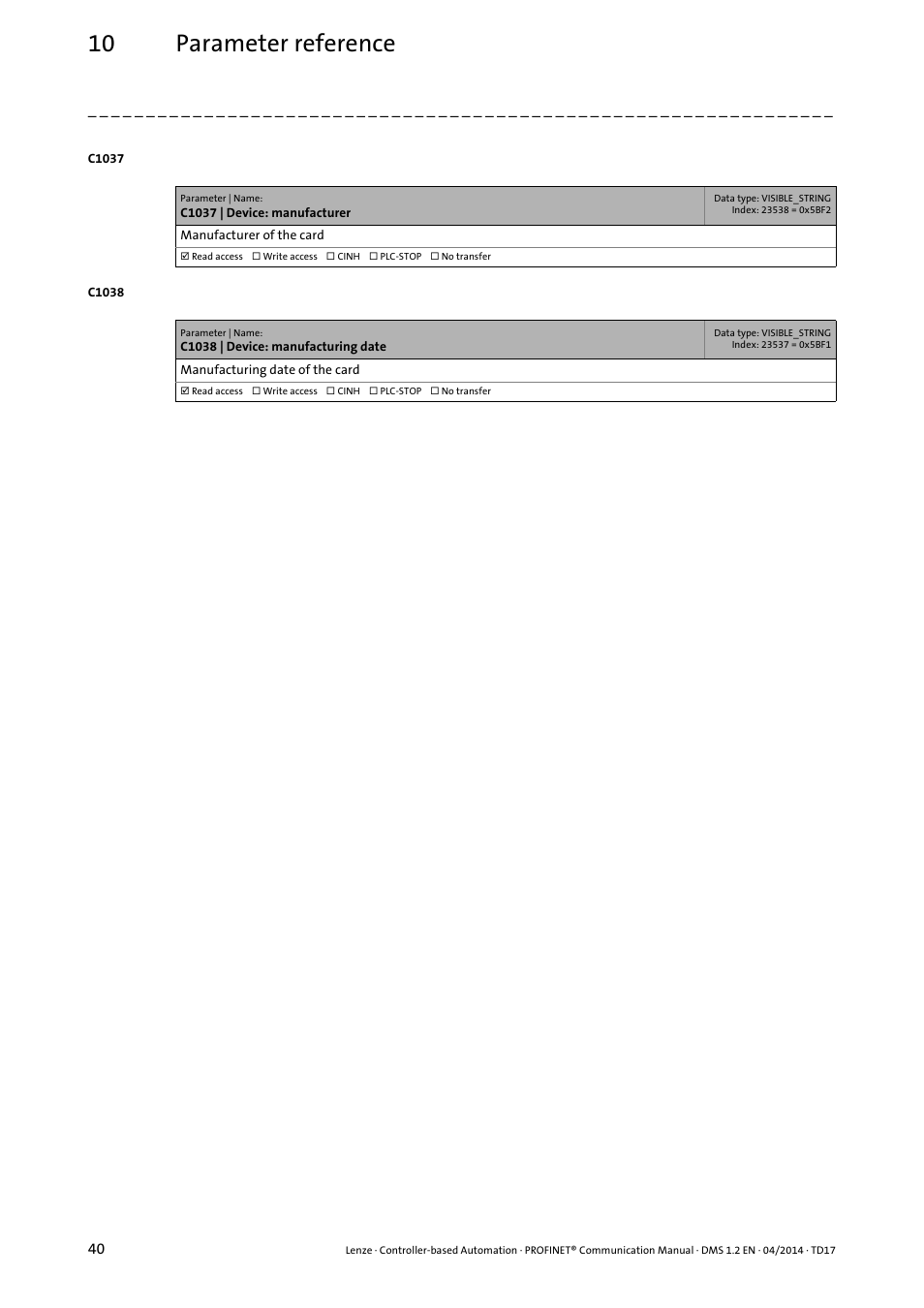 10 parameter reference | Lenze PROFINET Controller-based Automation User Manual | Page 40 / 44