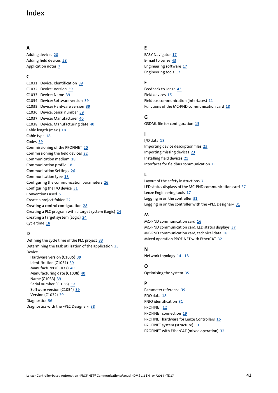 Index | Lenze PROFINET Controller-based Automation User Manual | Page 41 / 44