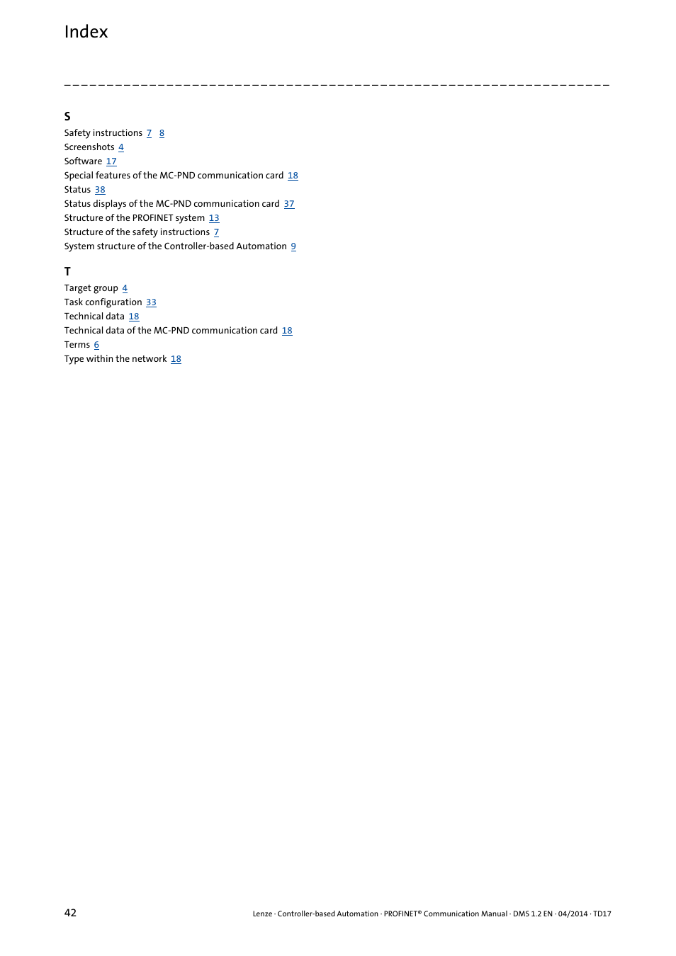 Index | Lenze PROFINET Controller-based Automation User Manual | Page 42 / 44