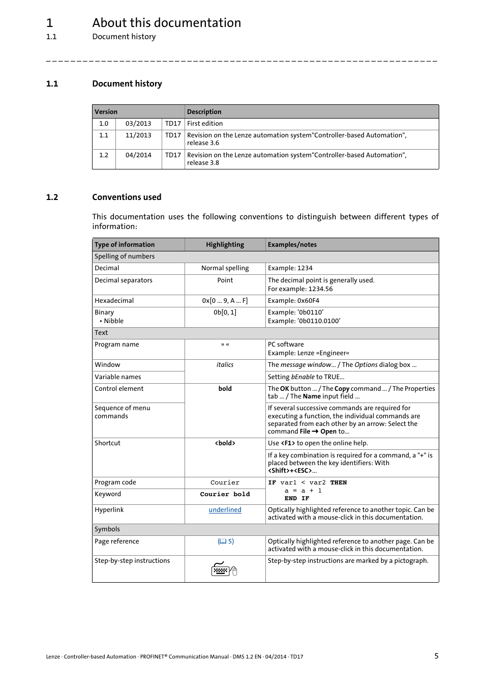 1 document history, 2 conventions used, Document history | Conventions used, 1about this documentation | Lenze PROFINET Controller-based Automation User Manual | Page 5 / 44