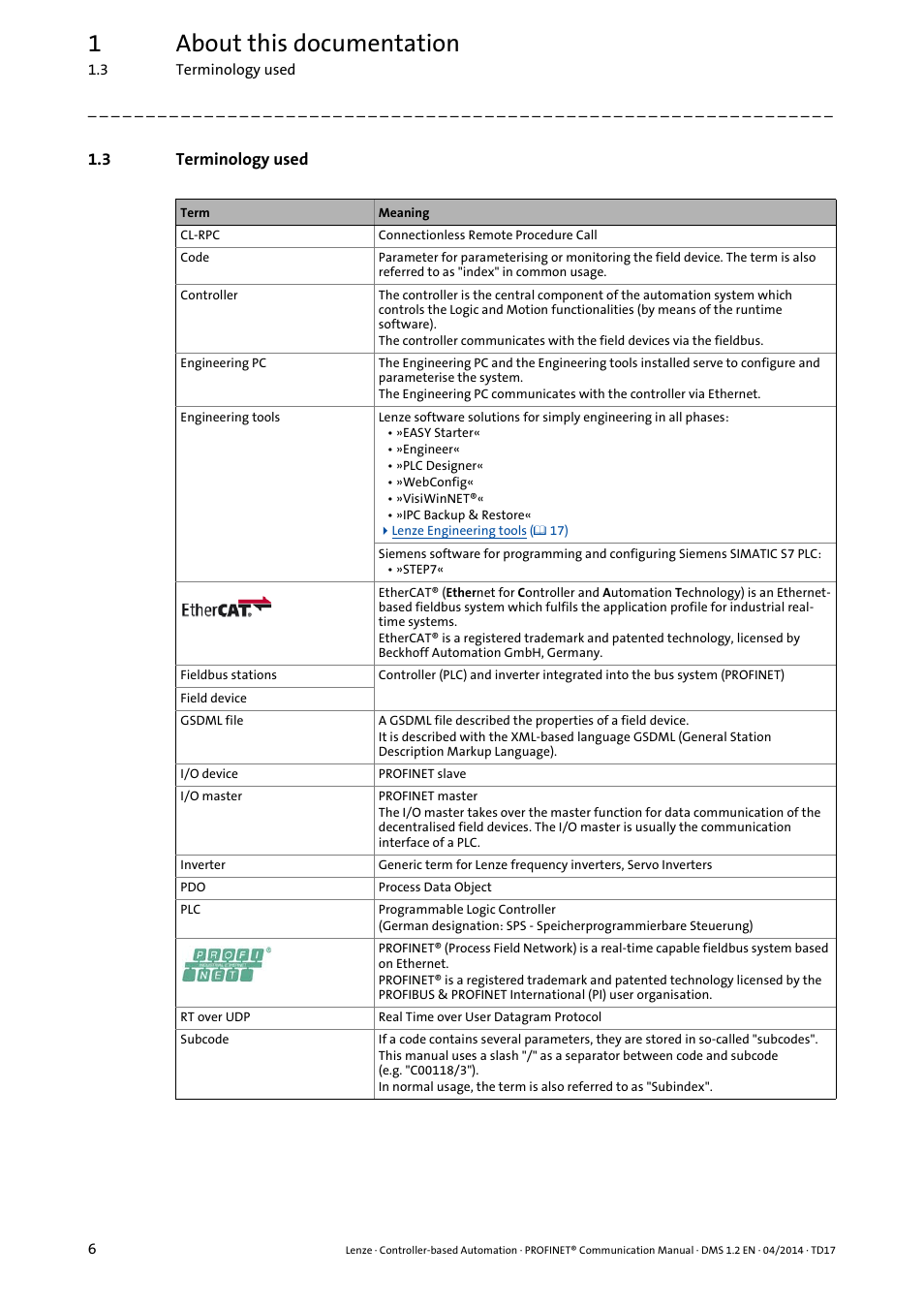3 terminology used, Terminology used, 1about this documentation | Lenze PROFINET Controller-based Automation User Manual | Page 6 / 44