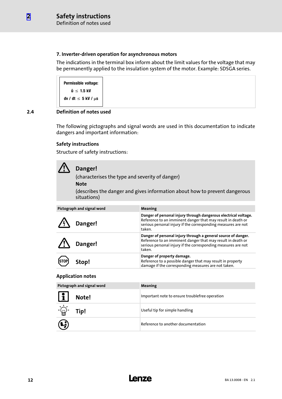 4 definition of notes used, Definition of notes used | Lenze SDSGA User Manual | Page 12 / 32