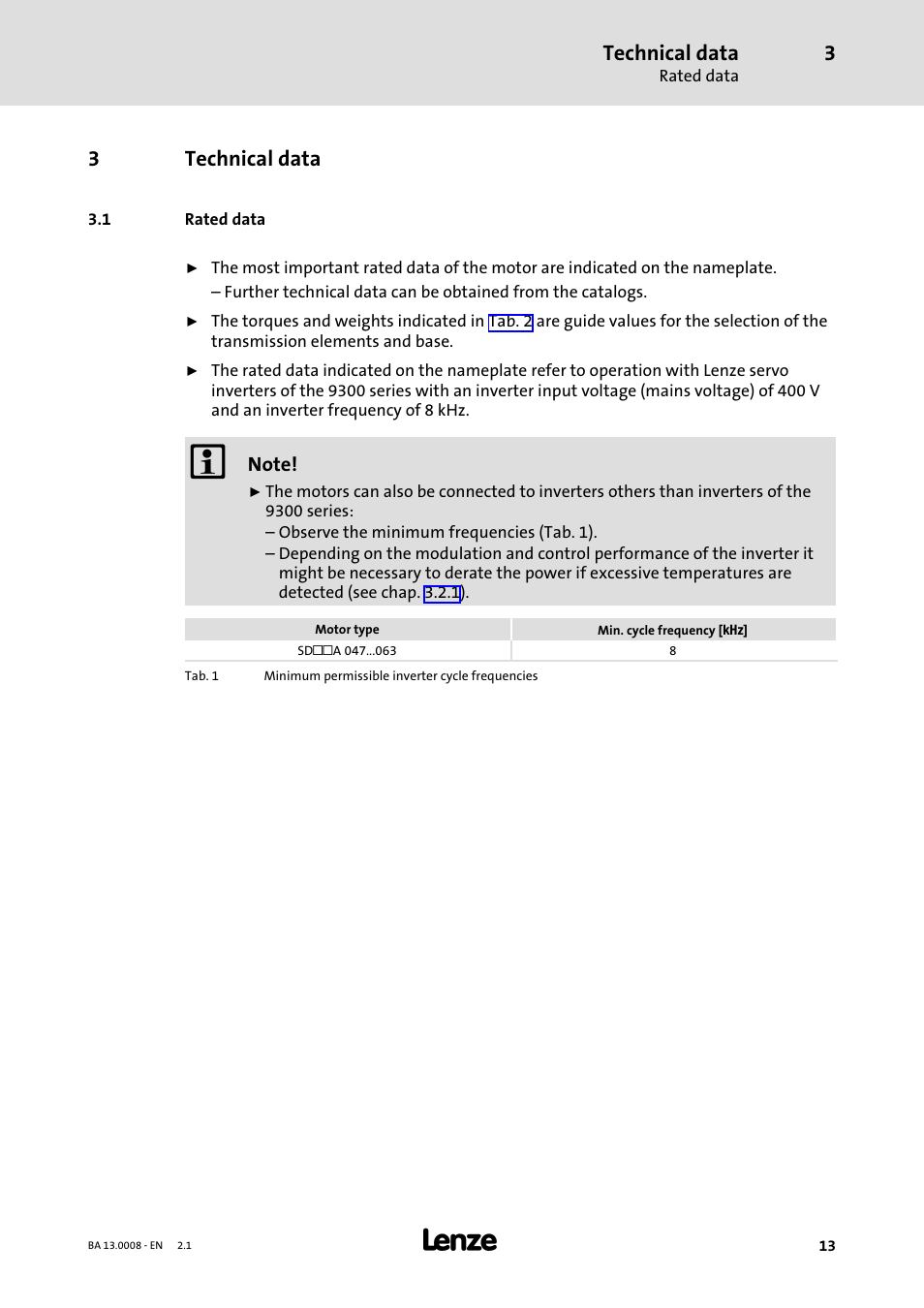 3 technical data, 1 rated data, Technical data | Rated data, 3technical data | Lenze SDSGA User Manual | Page 13 / 32