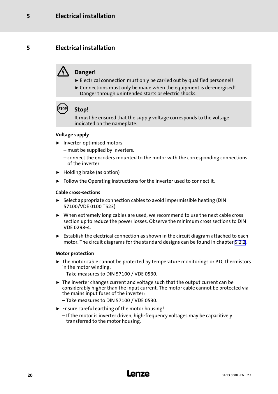 5 electrical installation, Electrical installation | Lenze SDSGA User Manual | Page 20 / 32