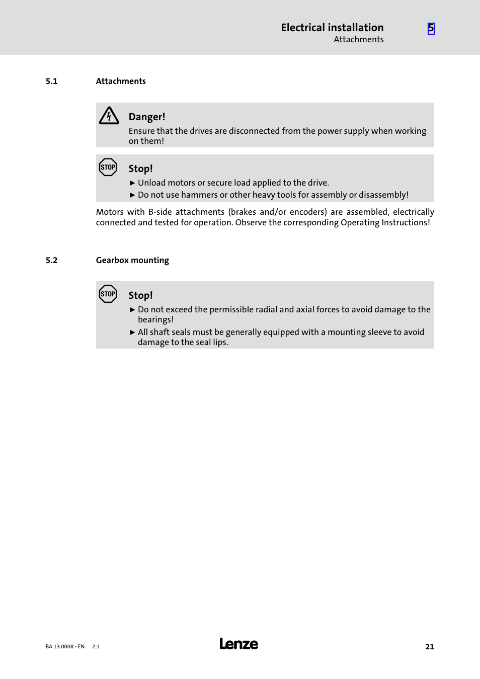 1 attachments, 2 gearbox mounting, Attachments | Gearbox mounting | Lenze SDSGA User Manual | Page 21 / 32