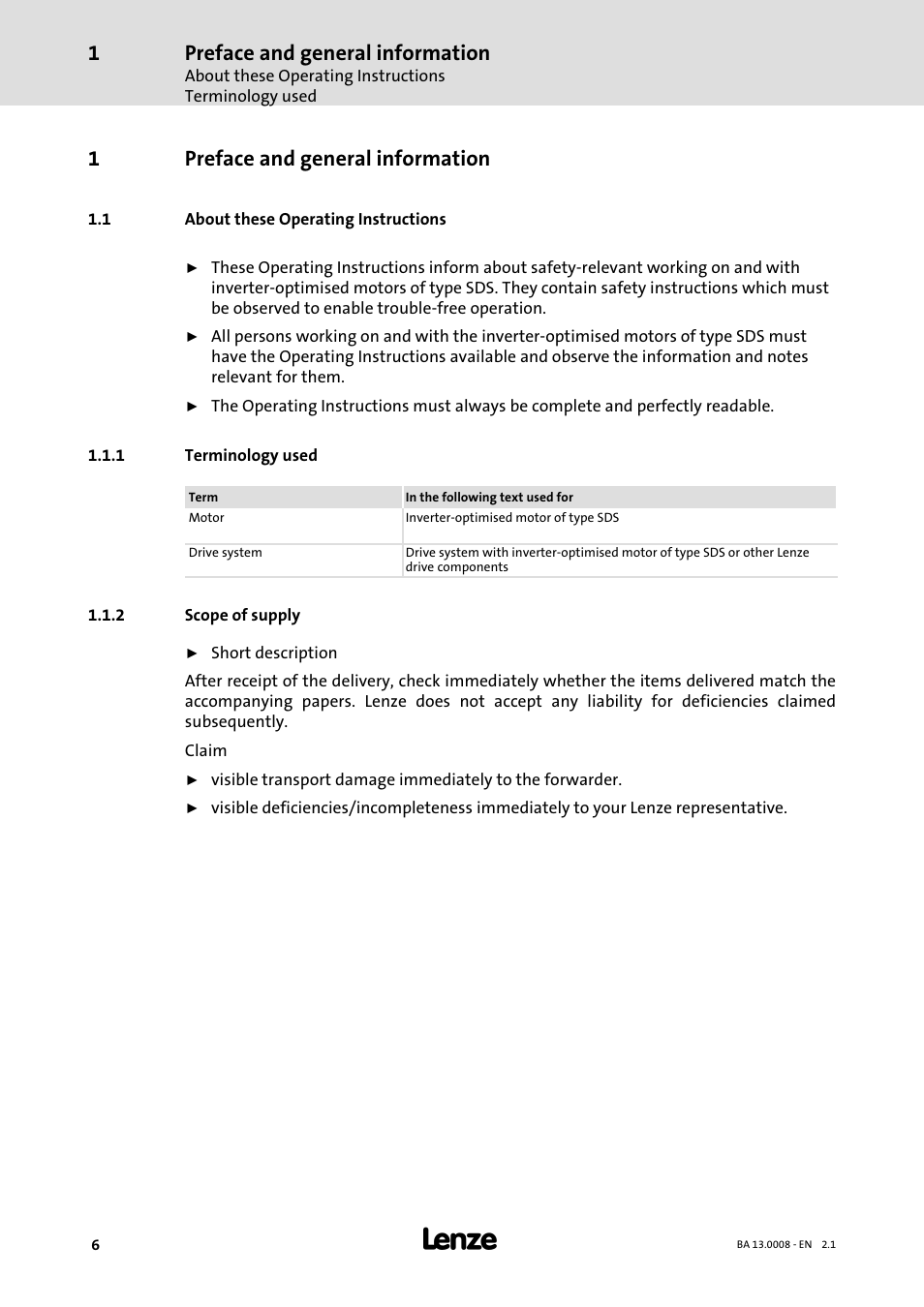 1 preface and general information, 1 about these operating instructions, 1 terminology used | 2 scope of supply, Preface and general information, About these operating instructions, Terminology used, Scope of supply, 1preface and general information | Lenze SDSGA User Manual | Page 6 / 32