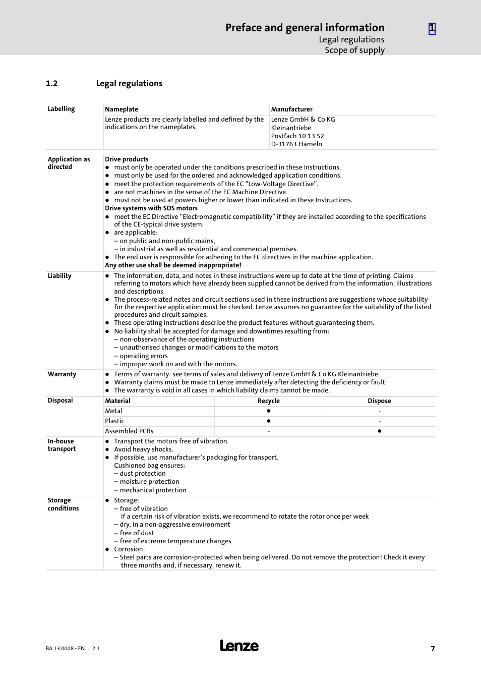 2 legal regulations, Legal regulations, Preface and general information | Legal regulations scope of supply | Lenze SDSGA User Manual | Page 7 / 32