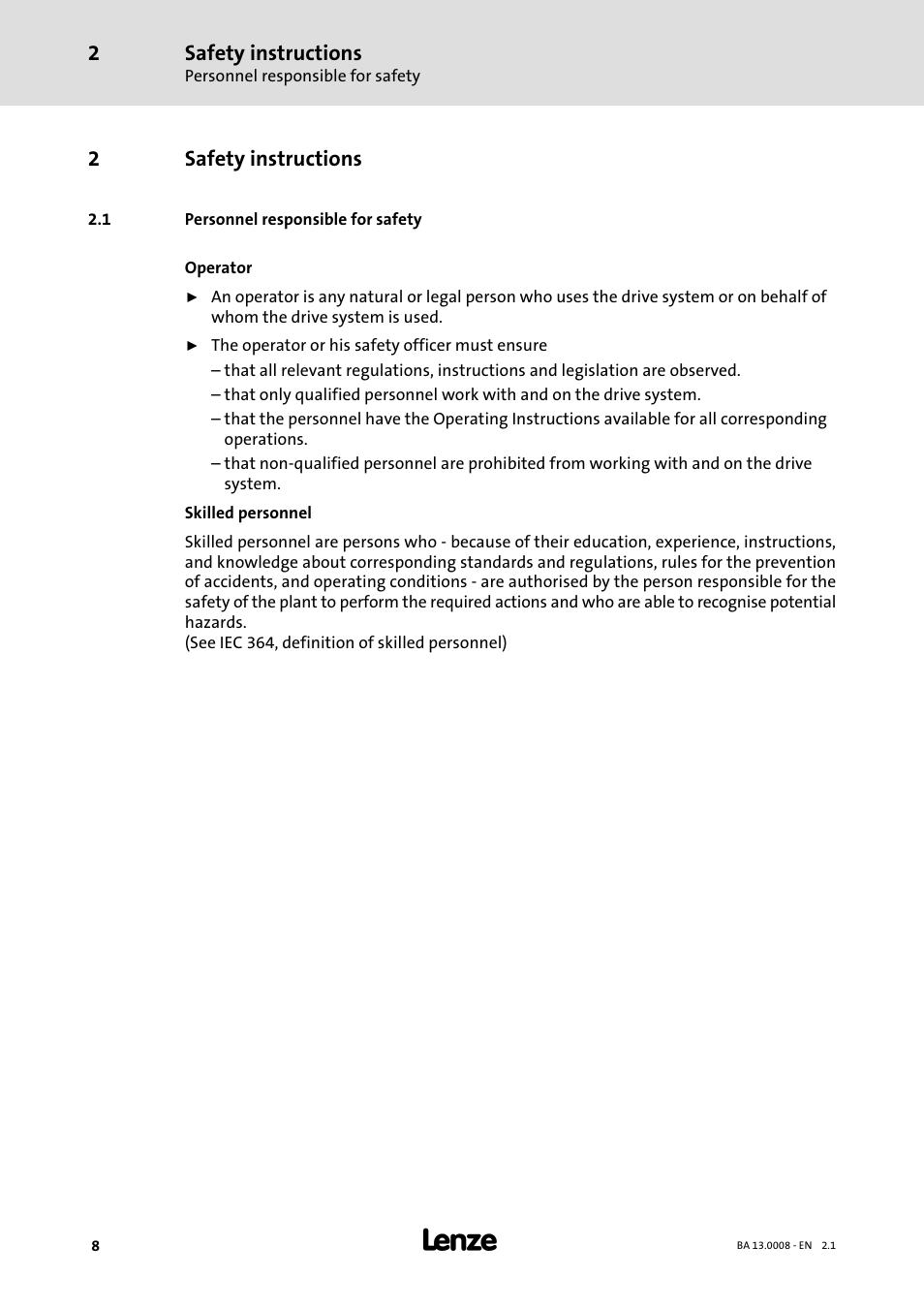 2 safety instructions, 1 personnel responsible for safety, Safety instructions | Personnel responsible for safety | Lenze SDSGA User Manual | Page 8 / 32