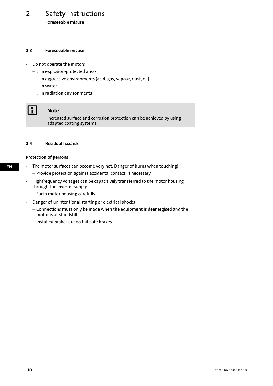 3 foreseeable misuse, 4 residual hazards, Foreseeable misuse | Residual hazards, Safety instructions | Lenze MDFQA Operating Instructions User Manual | Page 10 / 48