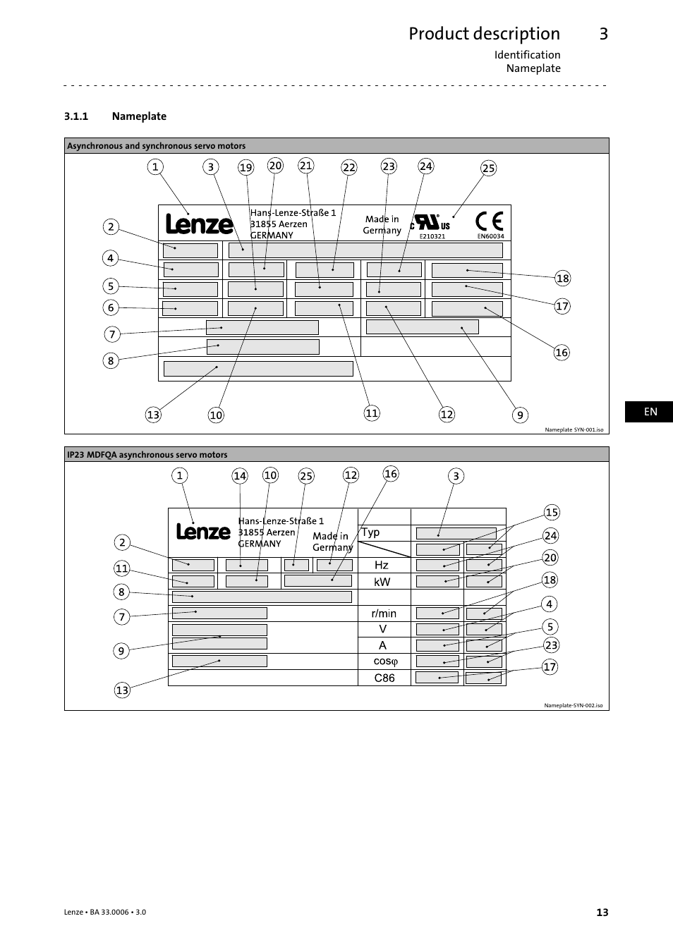 1 nameplate, Nameplate, Product description | Lenze MDFQA Operating Instructions User Manual | Page 13 / 48