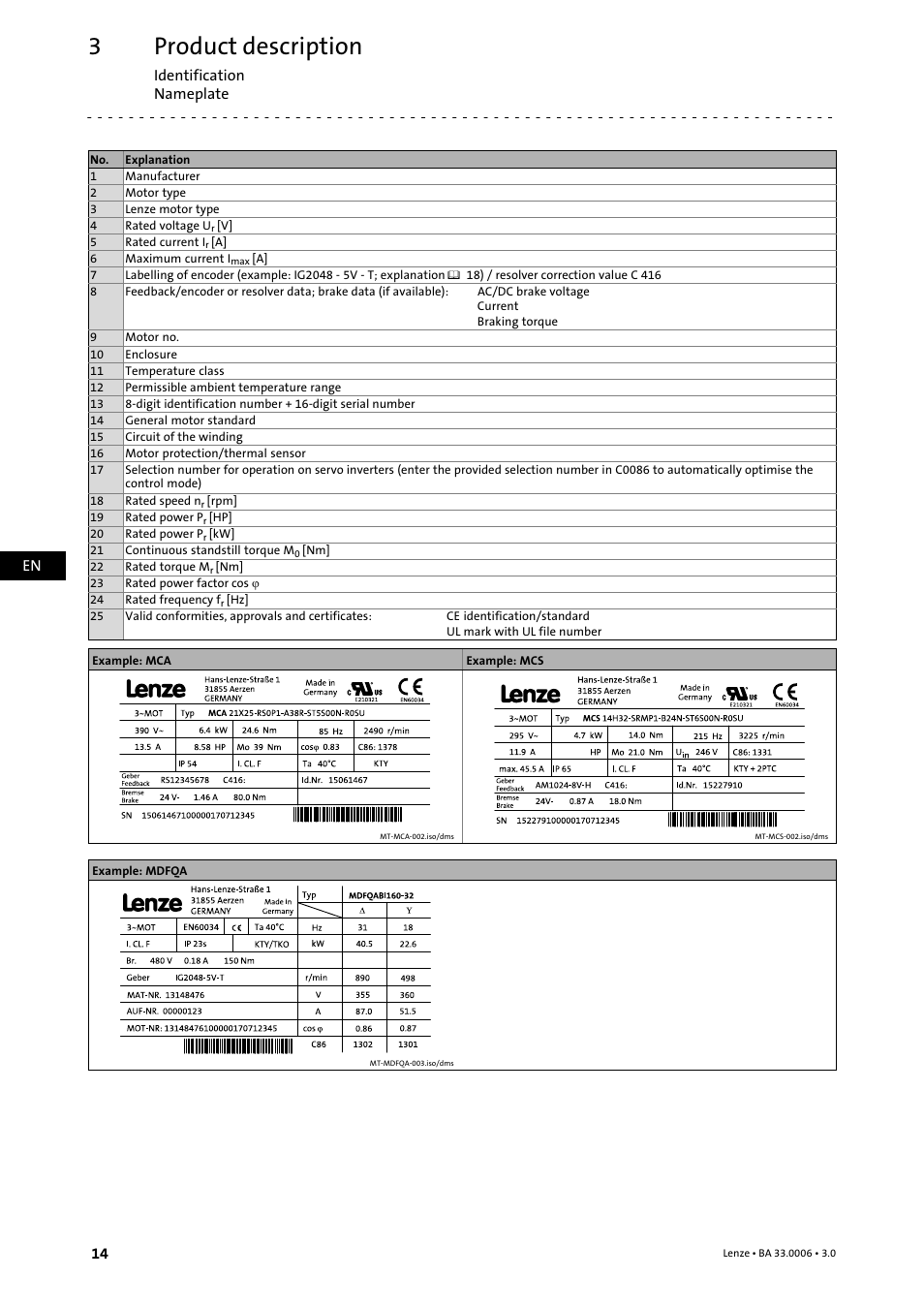 Product description, Identification nameplate, En 14 | Lenze MDFQA Operating Instructions User Manual | Page 14 / 48