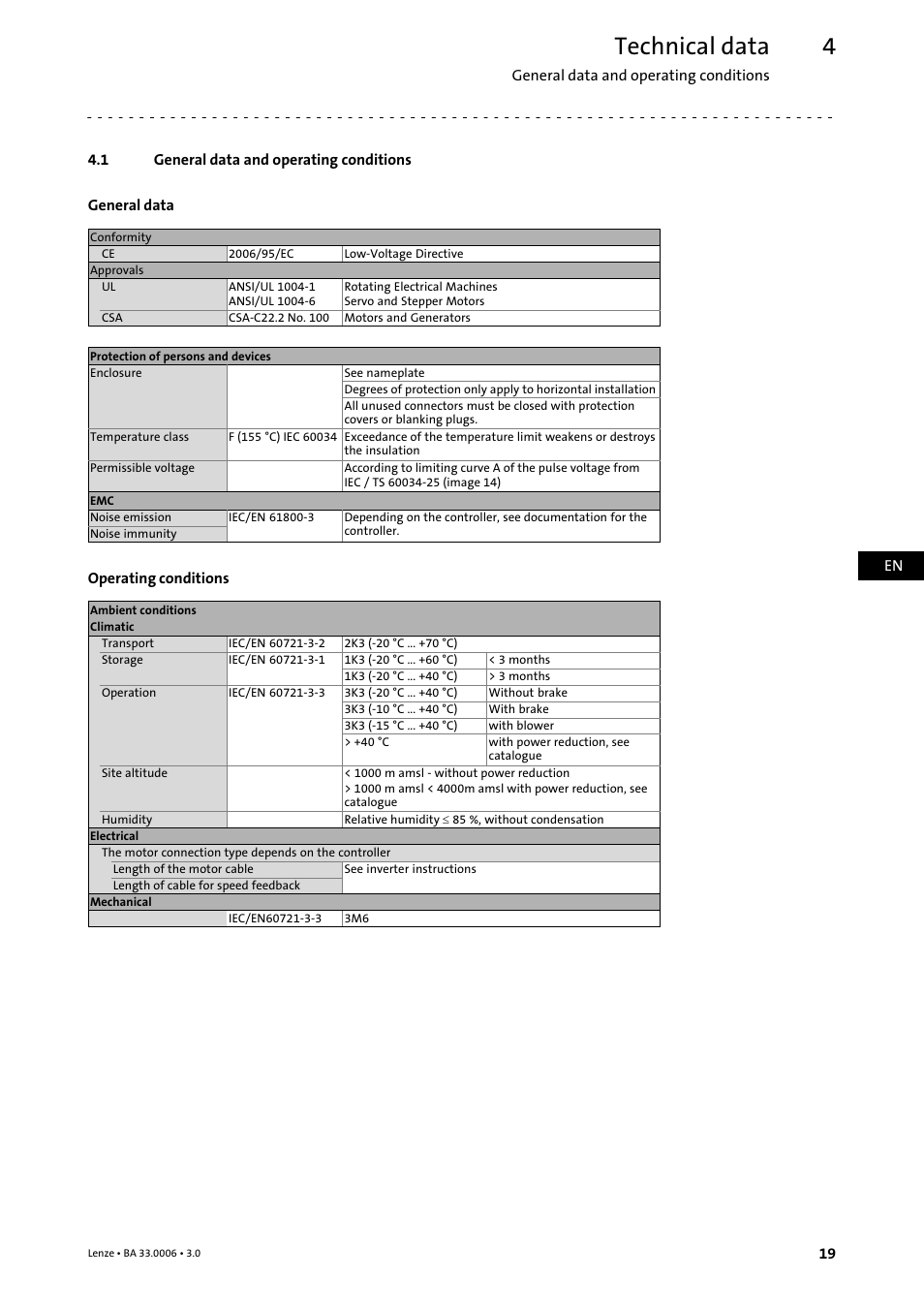 4 technical data, 1 general data and operating conditions, Technical data | General data and operating conditions | Lenze MDFQA Operating Instructions User Manual | Page 19 / 48