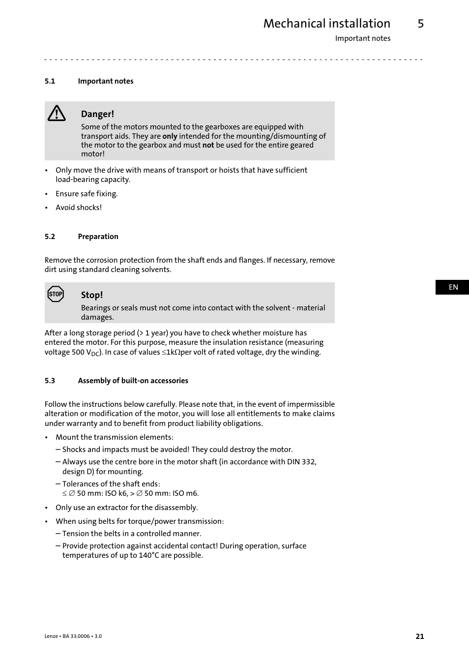 5 mechanical installation, 1 important notes, 2 preparation | 3 assembly of built-on accessories, Mechanical installation, Important notes, Preparation, Assembly of built−on accessories | Lenze MDFQA Operating Instructions User Manual | Page 21 / 48